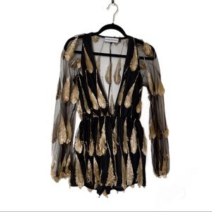 Love & Lemonade Black With Gold Feather Romper